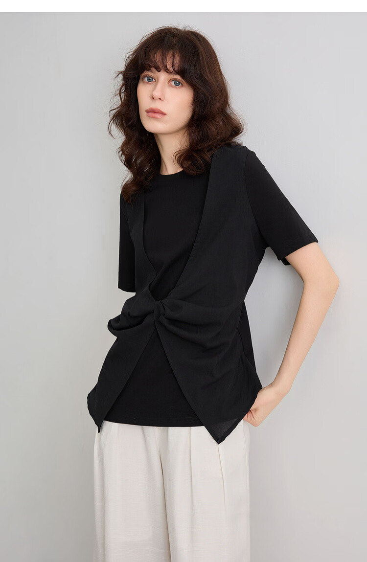 Demana [Comfort Sorona] Summer Fake Two-Piece Spliced Organza Round Neck Short Sleeve Slim Fit Petite Women's T-Shirt 14