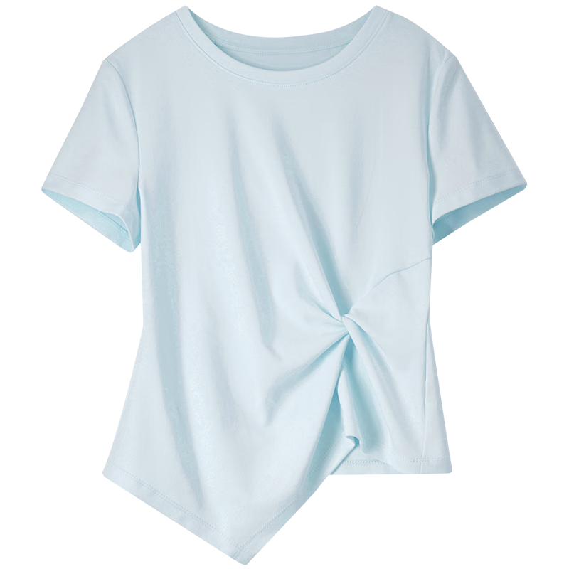 Shangdu Bila Slim Fit Slimming Pure Cotton T-Shirt Women Summer Design Irregular Short Sleeve Elegant Top Sky Blue M