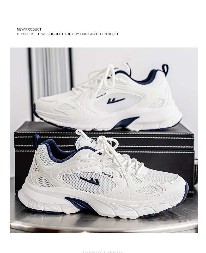 Warrior Official Men's Summer Sports Shoes Mesh Breathable Running Shoes White Dark Blue Size 39 5