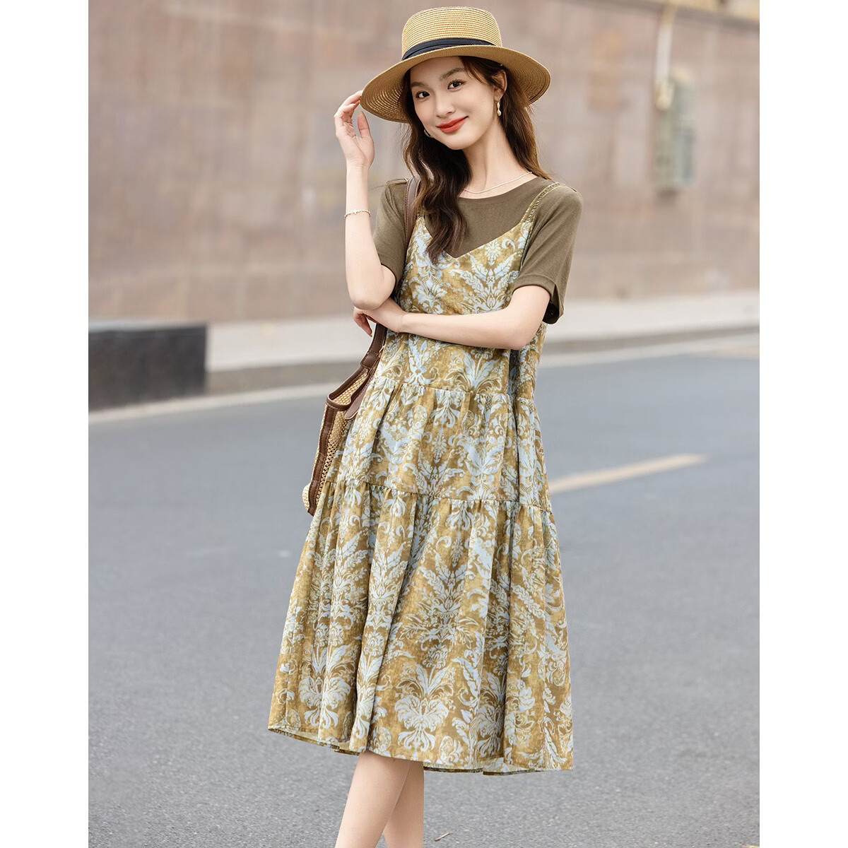 Demana Cute Little Cake Summer Fake Two-Piece Spliced Ribbon Decor Loose Slimming Concealing Dress for Women Premium