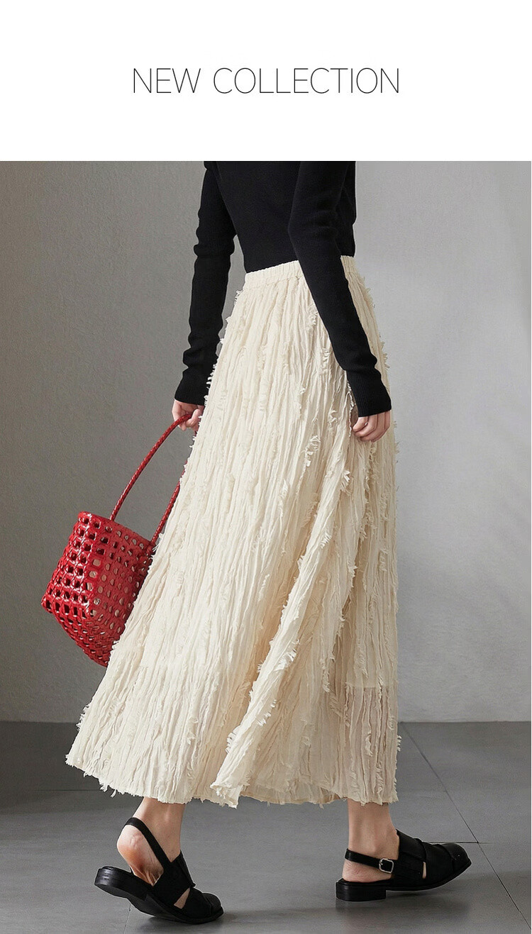 Demana "Yunshang Wubai" Summer Crinkled Texture Tassel Mesh Skirt Lightweight Flowing A-Line Long Skirt for Women 1