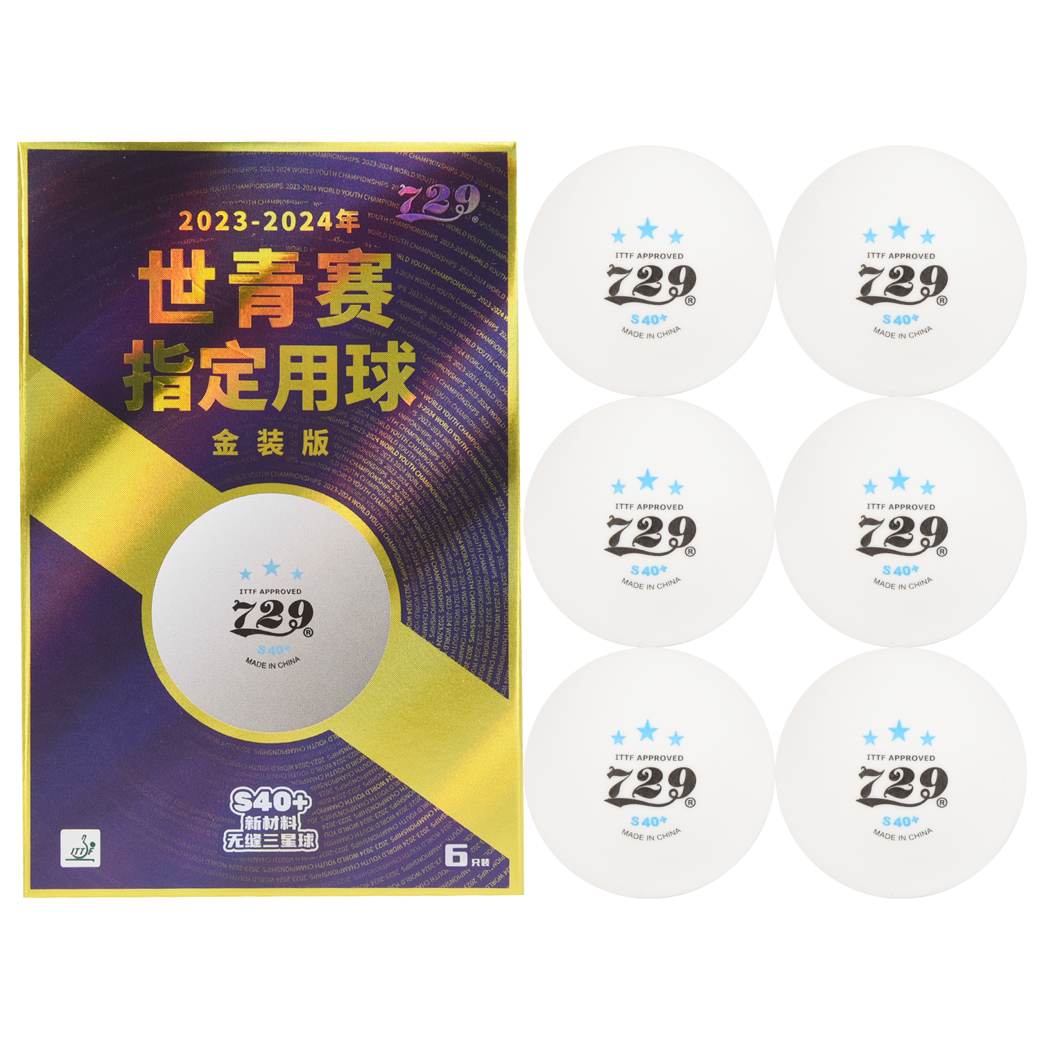 729 Table Tennis Ball 3-Star New Material 40+ World Youth Championship Edition Seamless White 6-Pack