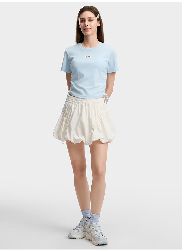 FILA Yang Mi Same Style Knitted Short Sleeve Shirt Women 2026 Summer Side Drawstring Fashion Casual Embroidered Logo Slim T-Shirt 46
