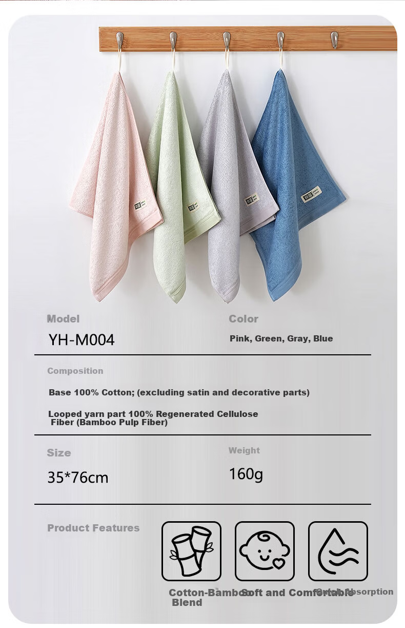 Bamboo 100 160g Thickened Bamboo Fiber Antibacterial Large Towel Absorbent Non-Shedding Adult Towel 35x76cm Blue 2
