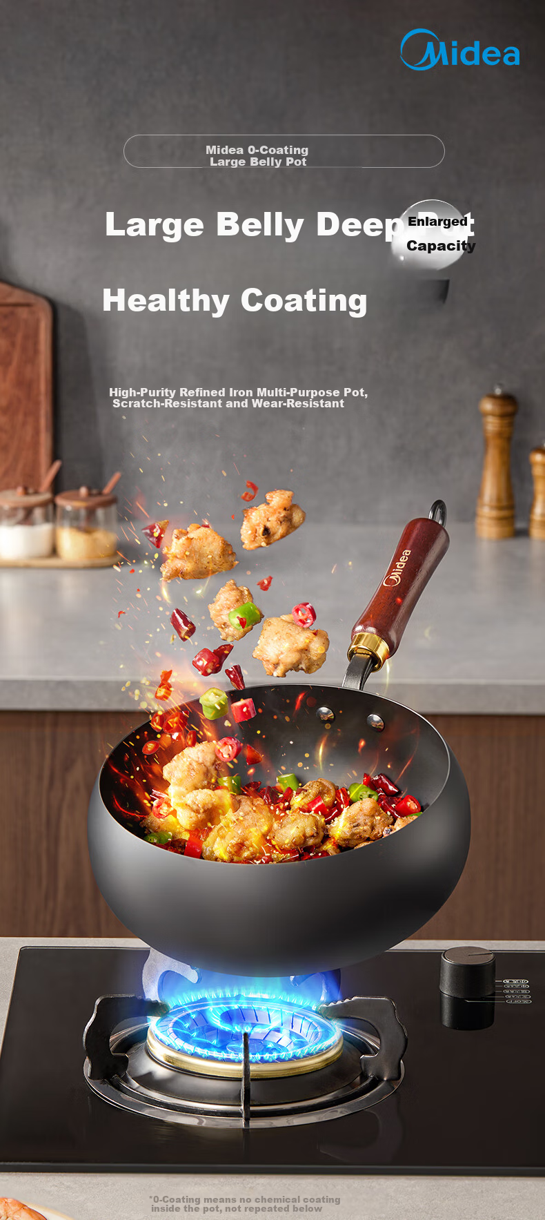 Midea Large Capacity Non-Stick Iron Wok Stir-Fry Pan Pumpkin Pot Compatible with Induction and Gas Stoves Rust-Resistant 1