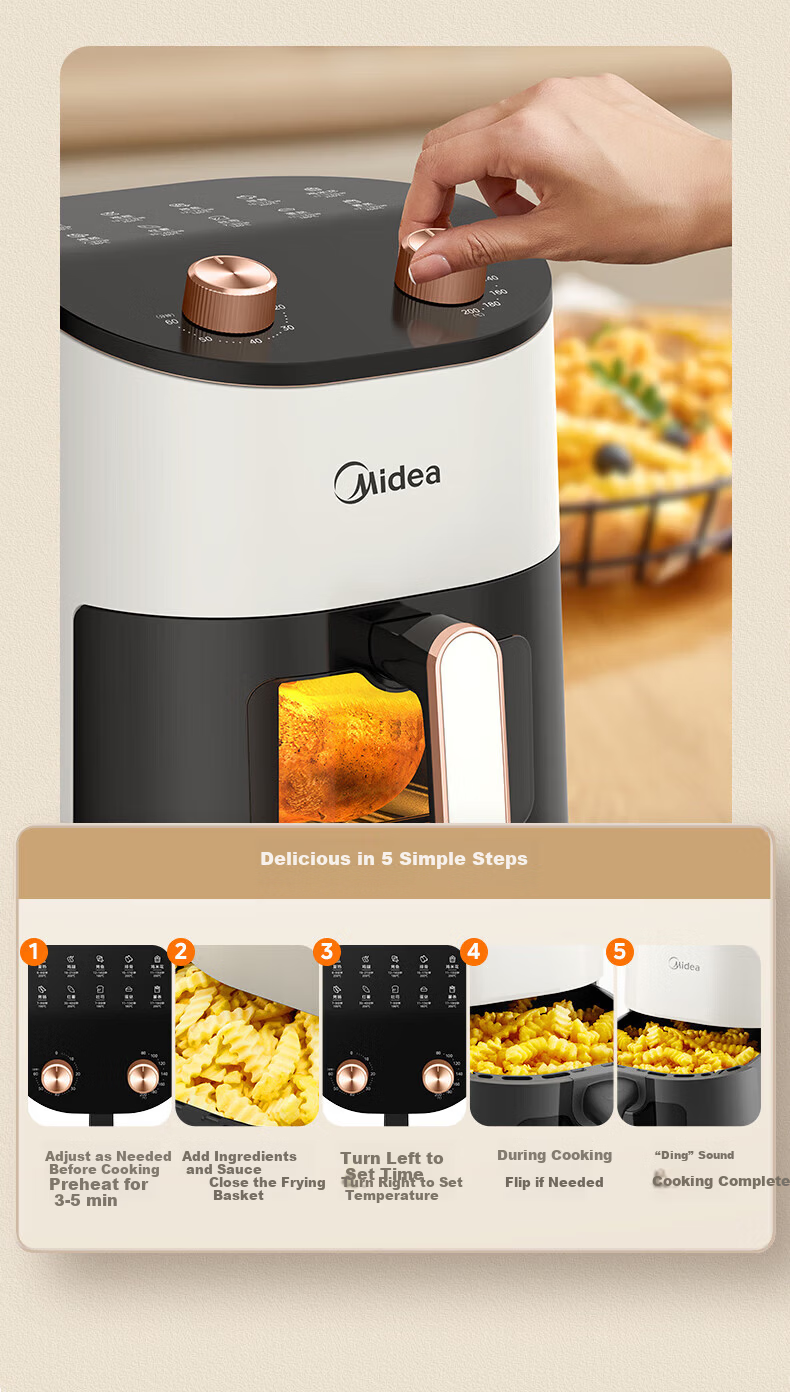 Midea Air Fryer 4.5L Home Use Visible Large Capacity Fully Automatic No Flip Oven Dual Knob Easy Control [KZE4588TQ] Offline Model 6