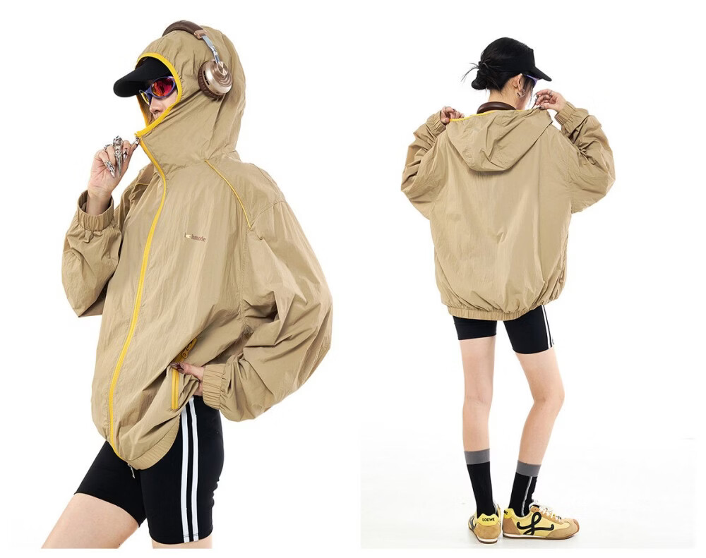 ICH MODE Colorblock Physical Sunscreen Jacket Women Spring Summer New Hooded UV Protection Coat Light Blue M 33