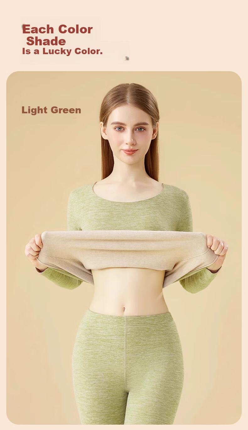 BOPRUIEY Women's Thermal Underwear Set Cashmere Silk Antibacterial Heating Round Neck Thin Fleece Base Layer Autumn Top and Bottom Set 14