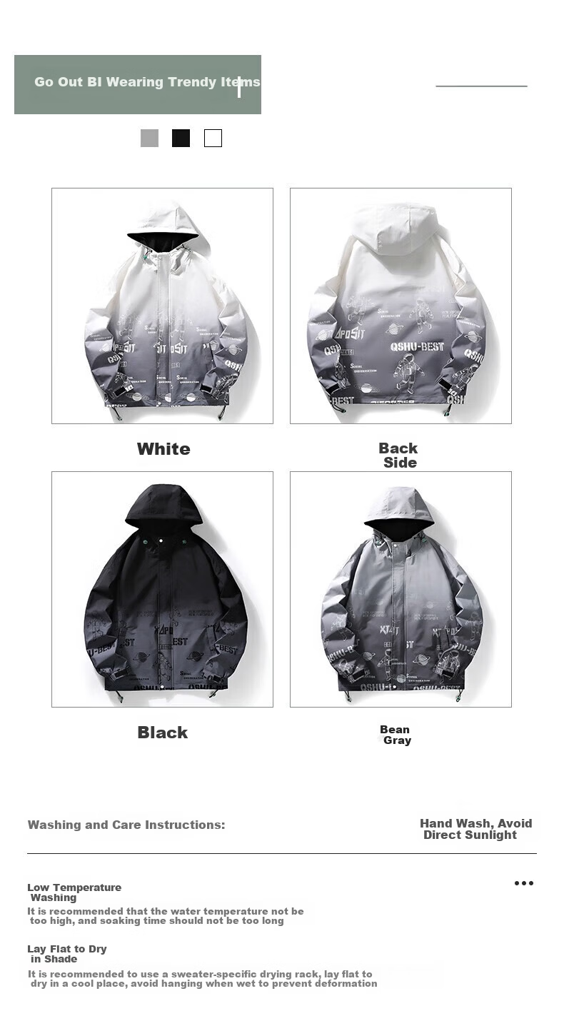 MULINSEN Men's Hooded Jacket Loose Gradient Color Large Size Spring Autumn Trendy Top White L 3