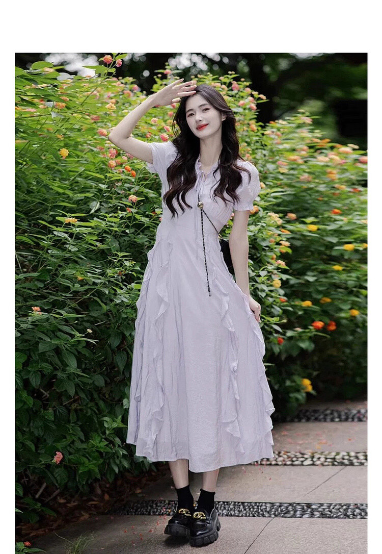 Mt [Early Summer Time] Summer Dopamine Fresh Lace-up V-neck Ruffle Puff Sleeve Waist-cinching Elegant Dress 3