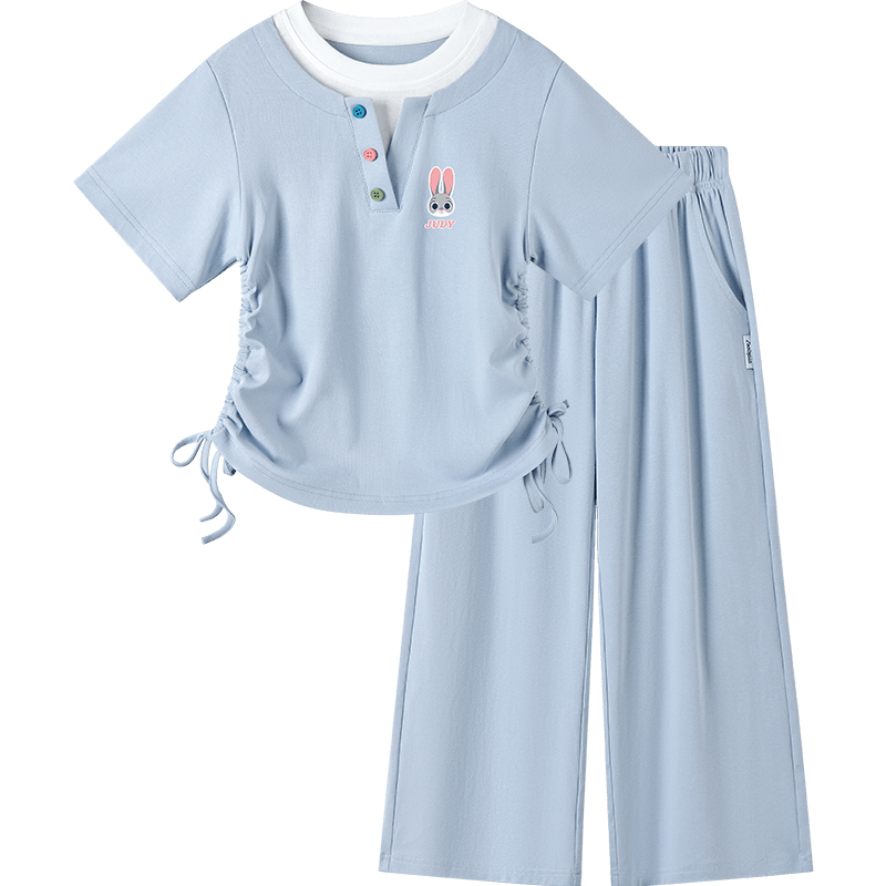 Disney Girls Judy Drawstring T-Shirt Set Summer Round Neck Short Sleeve Wide Leg Pants Two-Piece Casual Outfit Blue 140cm