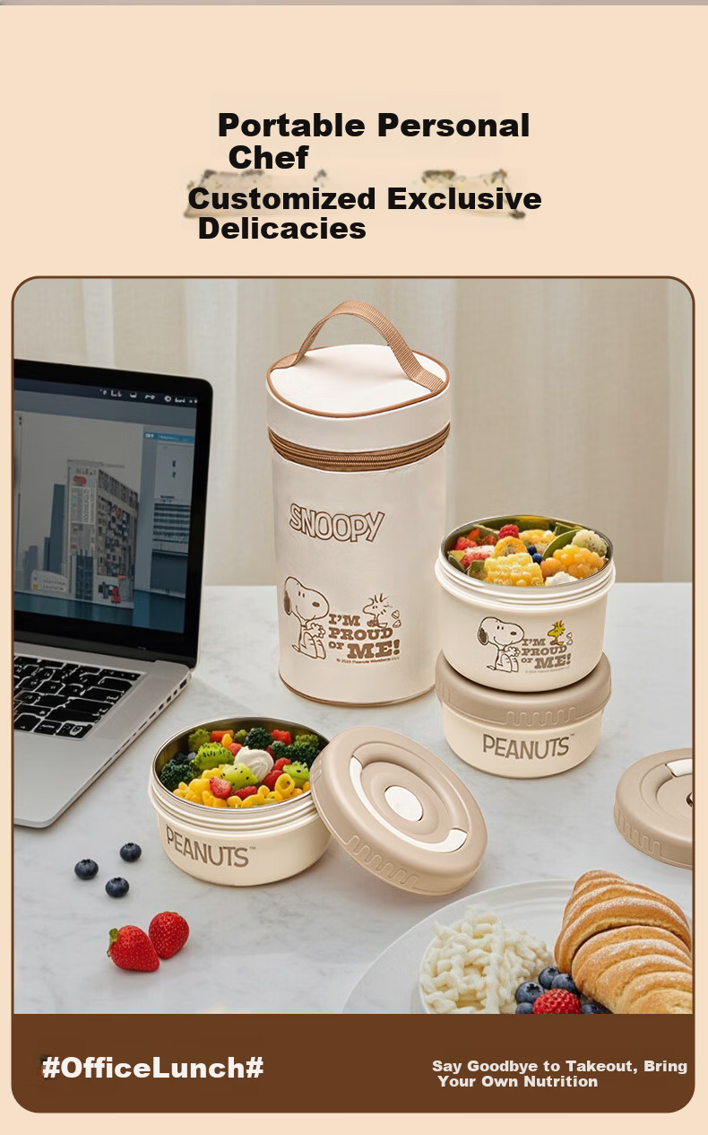 SNOOPY 316L Stainless Steel Insulated Lunch Box Microwaveable Three-Layer Bento Box with Insulated Bag for Office Workers and Students 10
