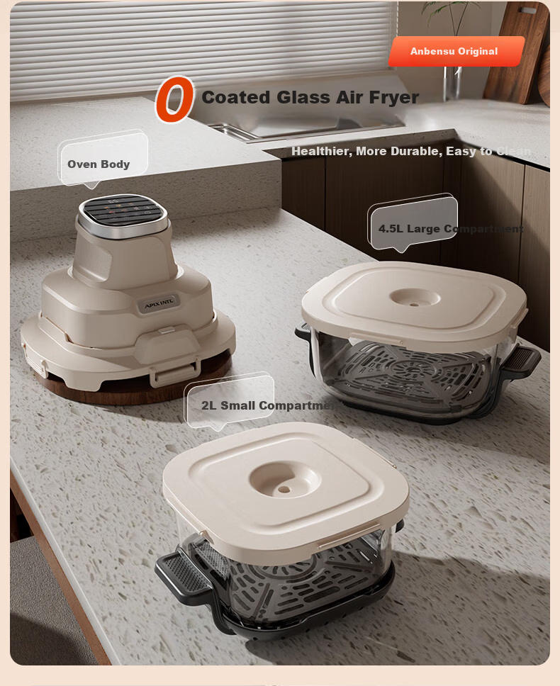 APIXINTL Anben Su Air Fryer Japan Home Use 4.5L Large Capacity No-Turnover Steam Tender Fry Panoramic Visible Full Glass Fry Basket Integrated Machine APIX-AFD14 5