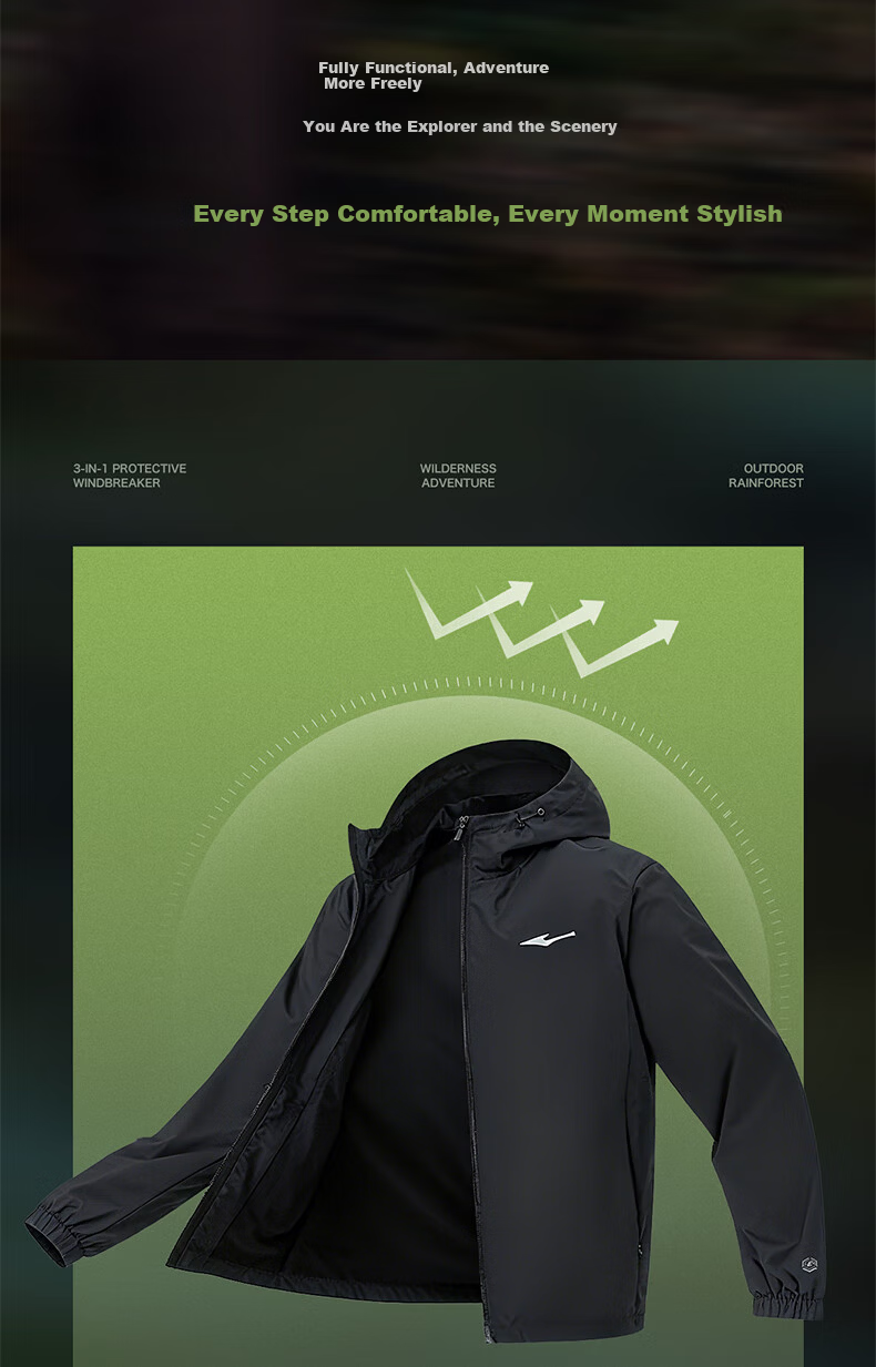 ERKE Men's Jacket 2026 New Outdoor Casual Hooded Waterproof Mesh Lined Sports Windbreaker Versatile Casual Wear 3
