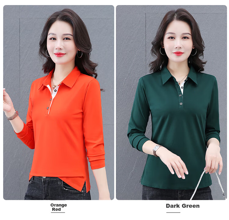 Woodpecker Women's Long Sleeve Cotton Polo Shirt, Spring Autumn New, Middle-aged Plus Size Casual Top, Gray, L 7