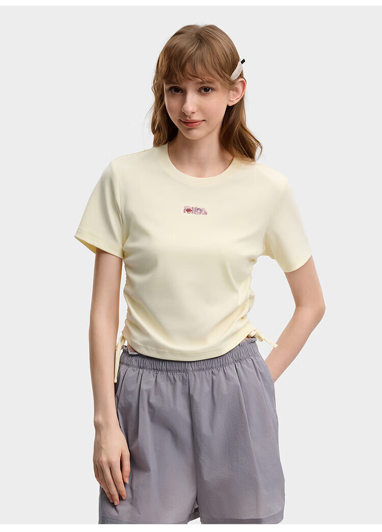 FILA Yang Mi Same Style Knitted Short Sleeve Shirt Women 2026 Summer Side Drawstring Fashion Casual Embroidered Logo Slim T-Shirt 58