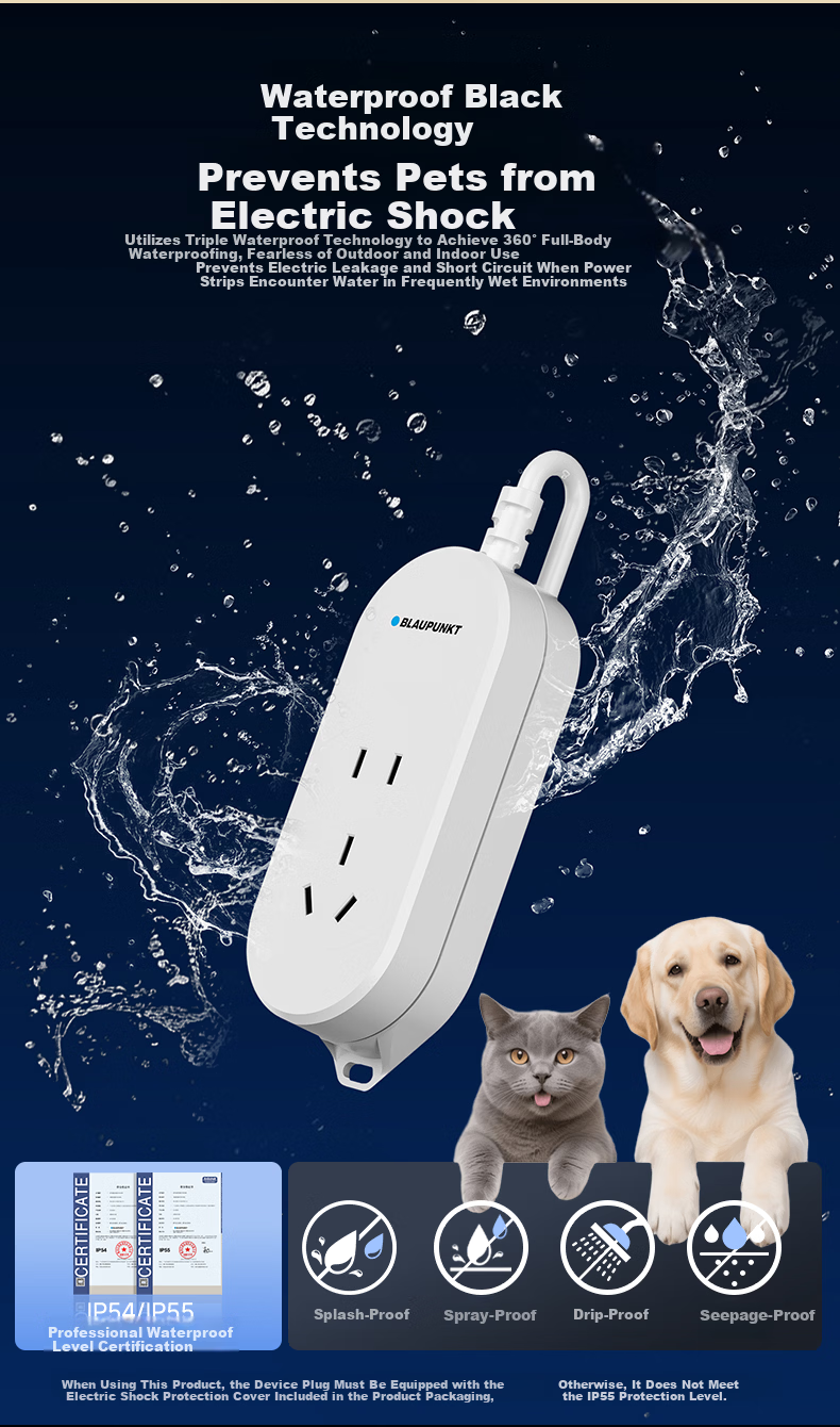 BLAUPUNKT Waterproof Power Strip/Socket/New National Standard IP55 Anti-Electric Shock Extension Cord Bathroom Outdoor Sunproof and Rainproof 1.8m Cable 6