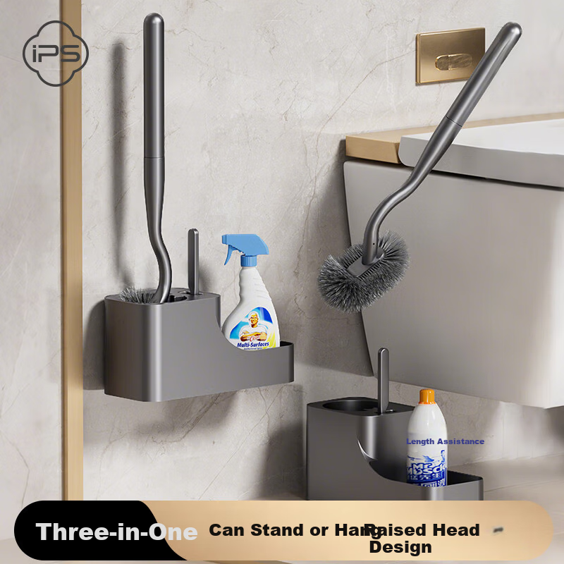 Baoshi Toilet Brush Set No-Drill Wall-Mounted Toilet Cleaner Brush Bathroom Cleaning Brush with Extended Handle and Storage Tray
