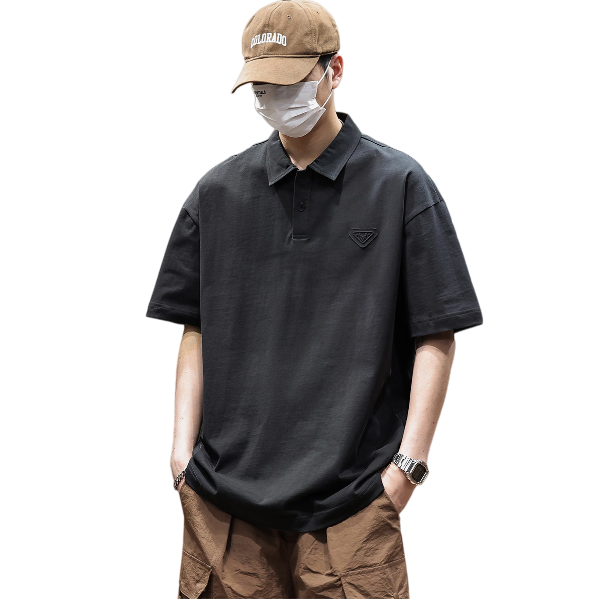 ROMON American Vintage Cotton Short Sleeve T-Shirt Men's Summer Heavyweight Casual Versatile Polo Shirt Black XL