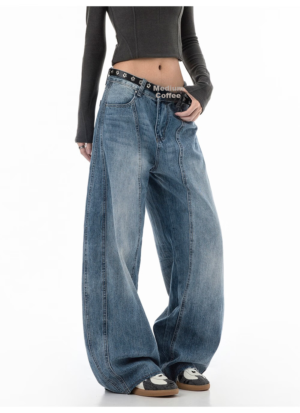 ICH MODE Women's American Vintage Washed Denim Jeans Spring Autumn Loose Straight Leg Curved Cut Casual Wide Leg Pants Blue XL 15