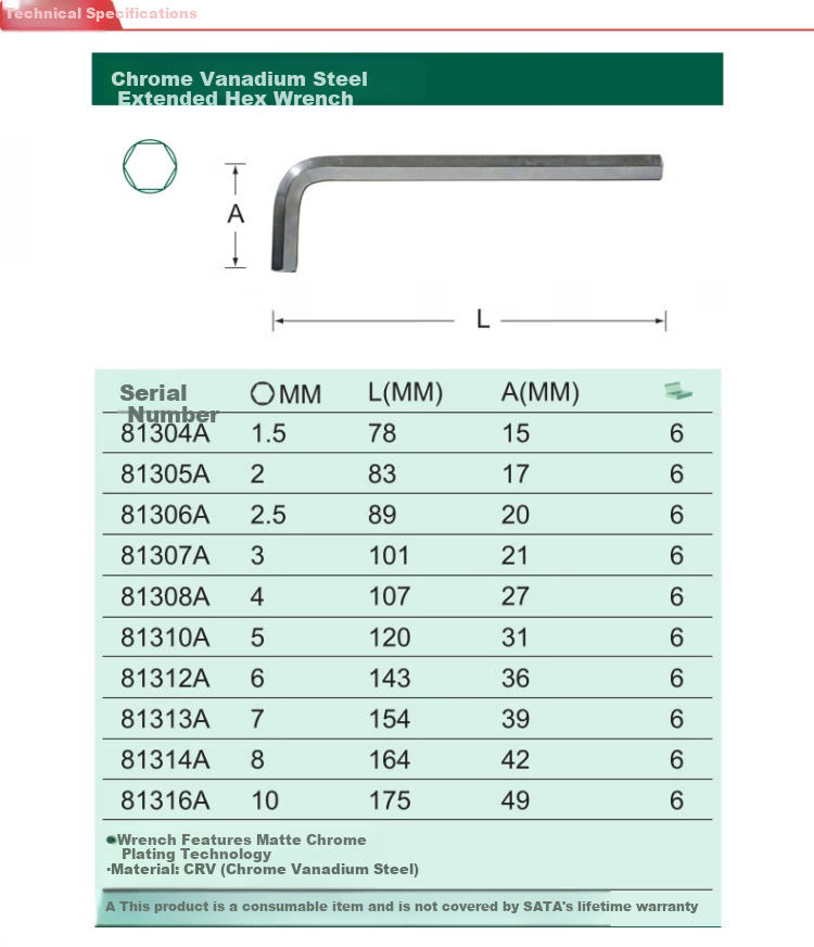 SATA Chrome Vanadium Steel Extended Hex Key Wrench 4mm 81308A 2