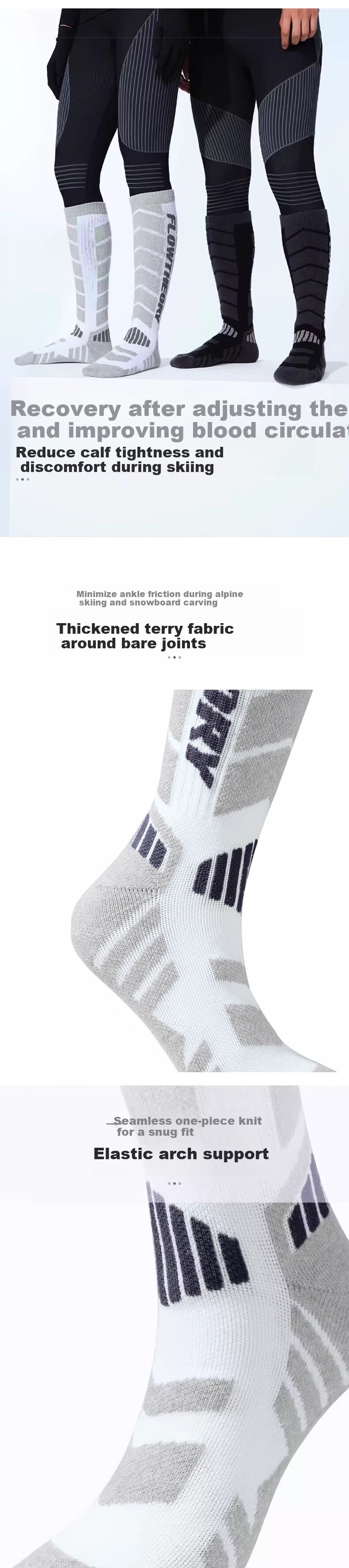 Flow Theory Ski Socks for Men And Women, Autumn And Winter Outdoor Adult Thick Warm High-Top Socks, Gray Base with Black Text, Size M 2