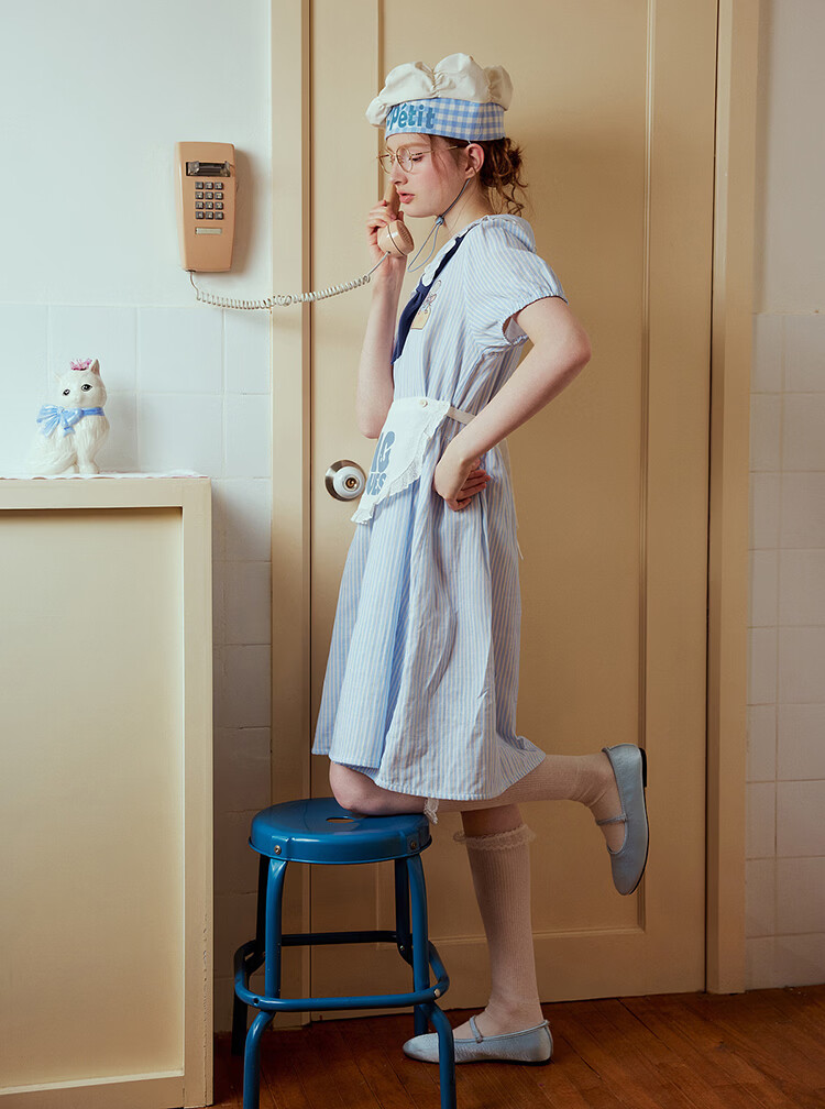 Gukoo Women's Summer Pajamas Ratatouille Doll Collar Nightdress Pure Cotton Jumpsuit Homewear Set Light Mist Blue S 24