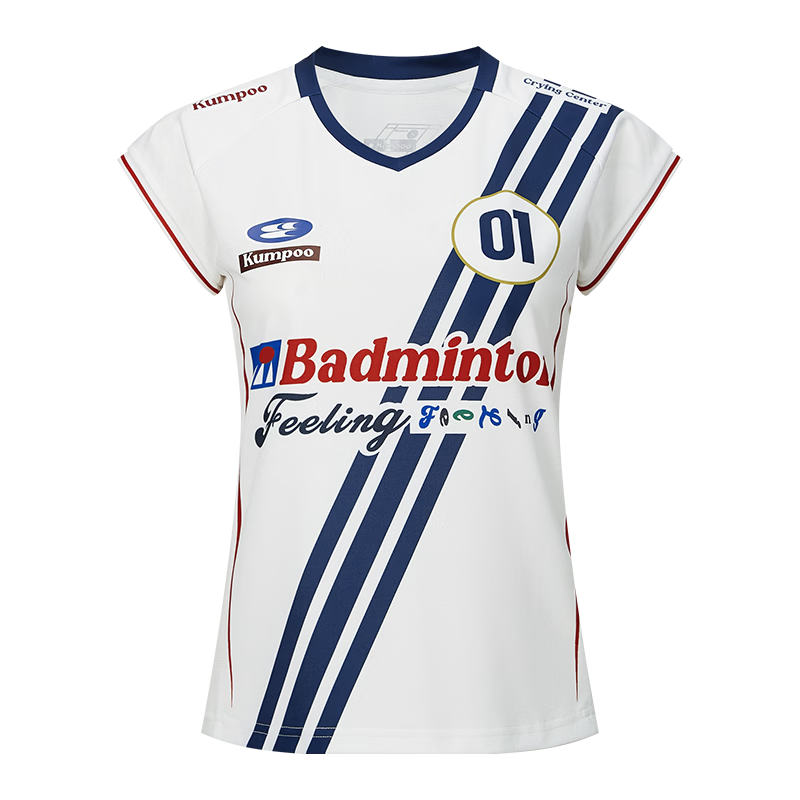 KUMPOO Women's Badminton Shirt, Short-Sleeved, Quick-Dry, Sports Jersey, Collaboration with Crying Center, Competition Uniform, ACT261607-White, Size L
