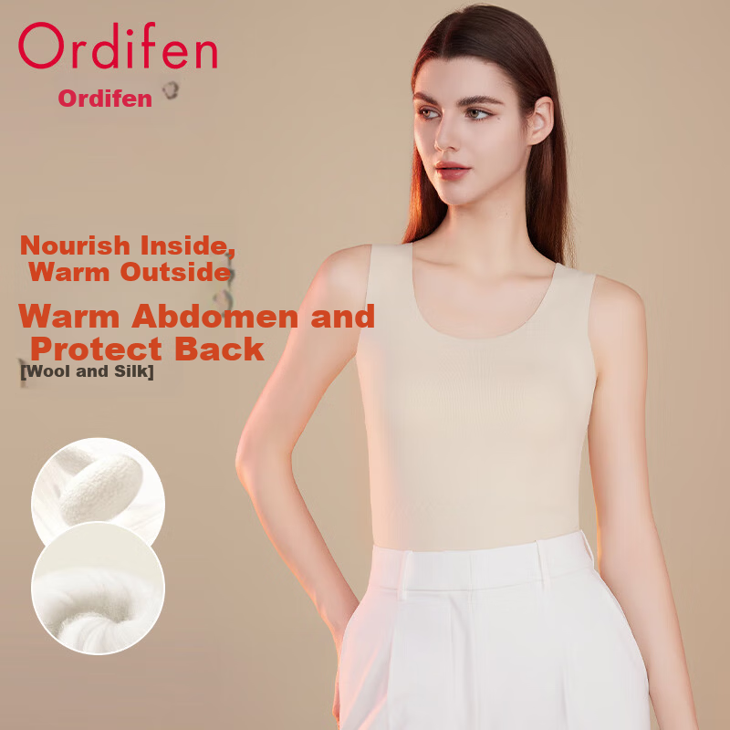 Ordifen Women's Thermal Vest Wool Silk Patch Antibacterial Mite-Resistant Seamless Fleece Thickened Autumn Winter Base Layer Underwear