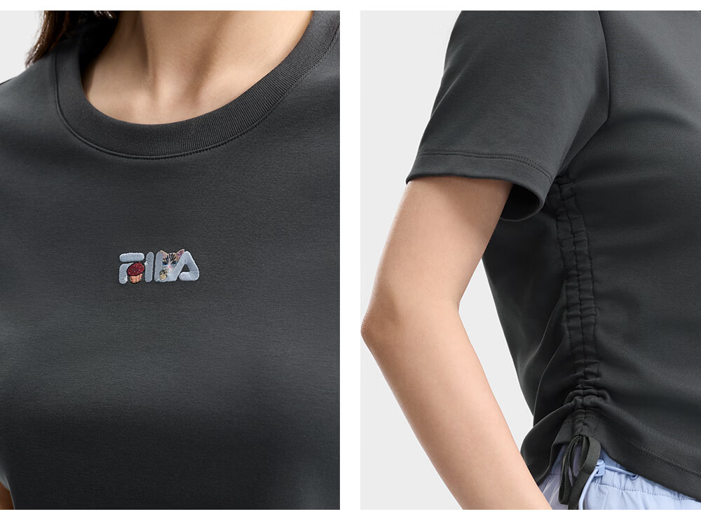 FILA Yang Mi Same Style Knitted Short Sleeve Shirt Women 2026 Summer Side Drawstring Fashion Casual Embroidered Logo Slim T-Shirt 42