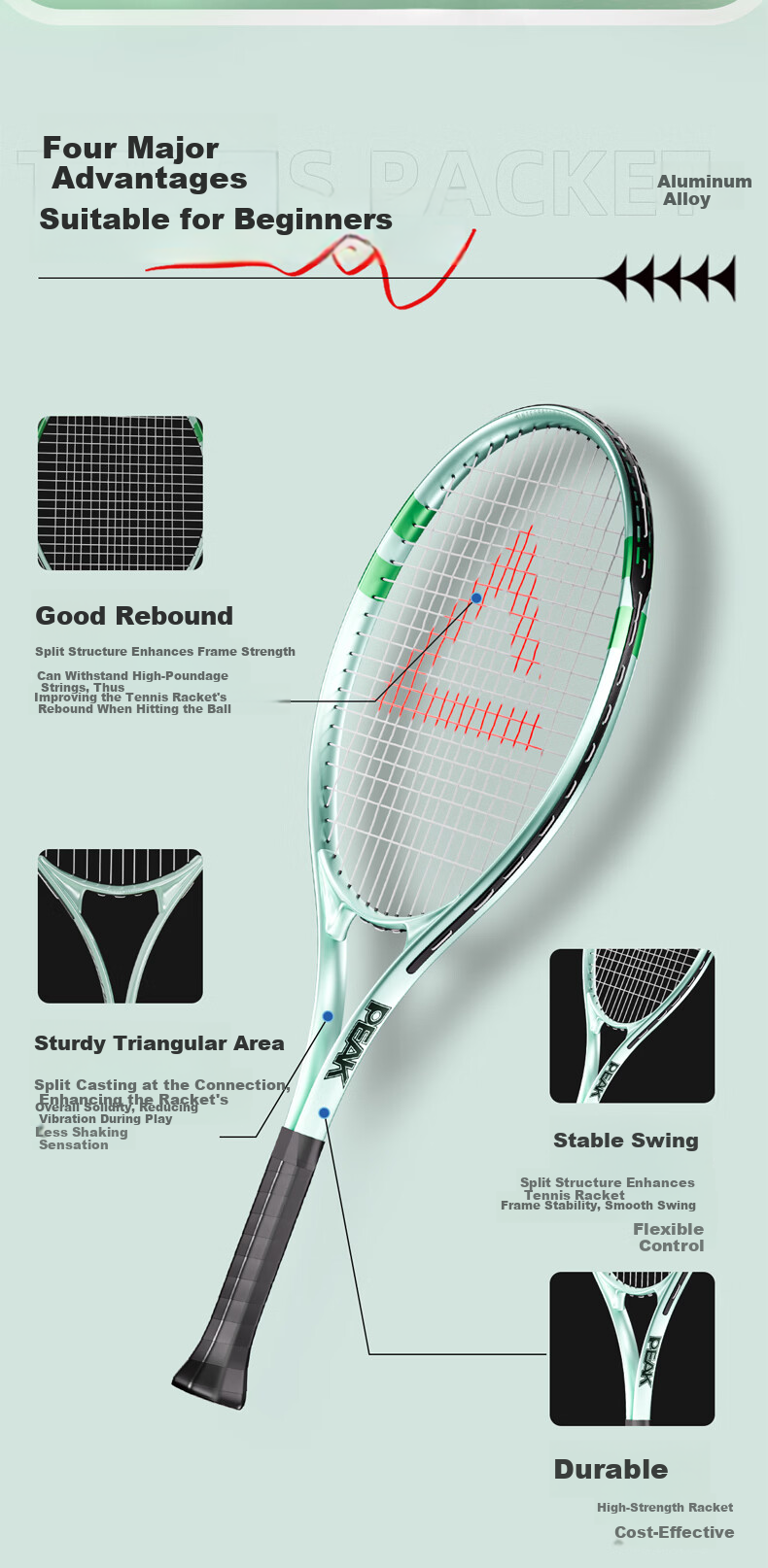 Peak Tennis Racket Adult Training Competition Advanced Lightweight Shock Absorption Rebound Single Racket Set Light Green 4