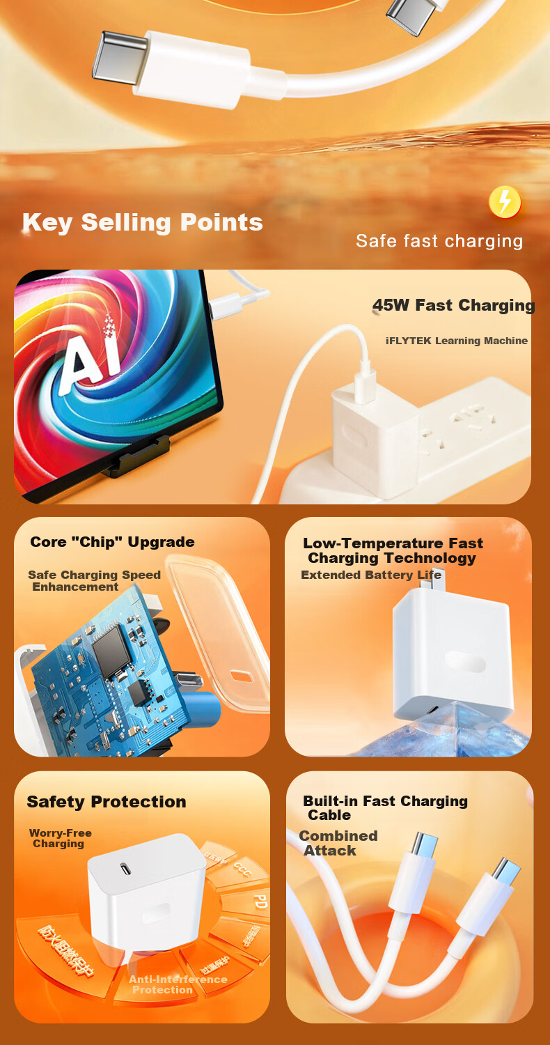 Trendsetter Compatible iFLYTEK Learning Machine Charger Cable 45W Fast Charging T30 Ultra/Pro/Lite Xueersi T4/Pro Student Tablet Data Cable and Plug Set 2