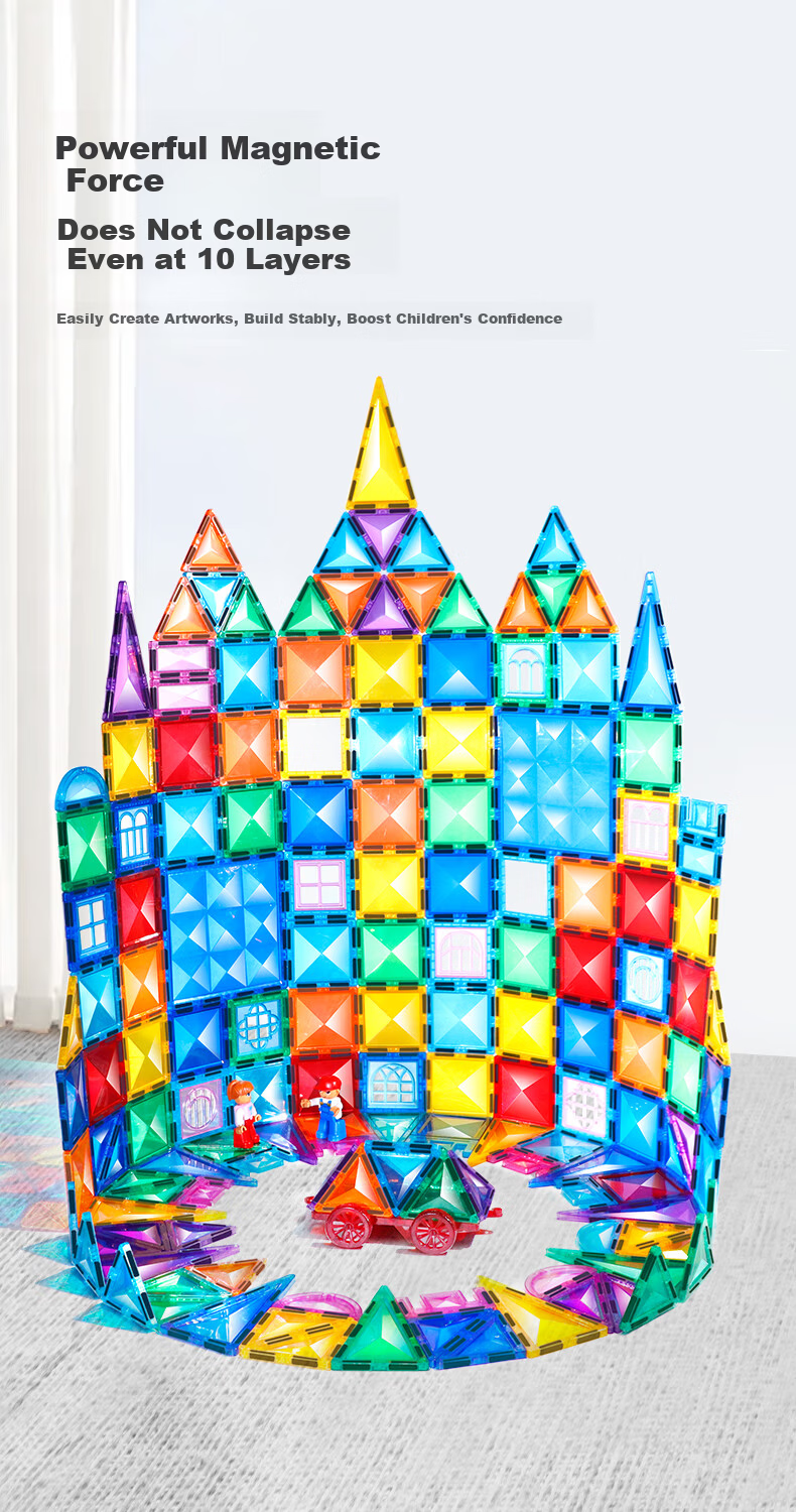 MAGPLAYER Children's Toy Colorful Window Magnetic Tiles, Magnetic Building Blocks for Boys Aged 3-6, Birthday Gift, 100 Pieces with 2 Small Cars 4
