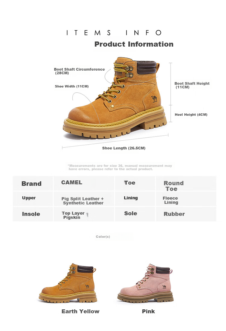 CAMEL Hill Classic Yellow Suede Martin Boots Outdoor Work Boots L23W076065 Pink Size 37 23