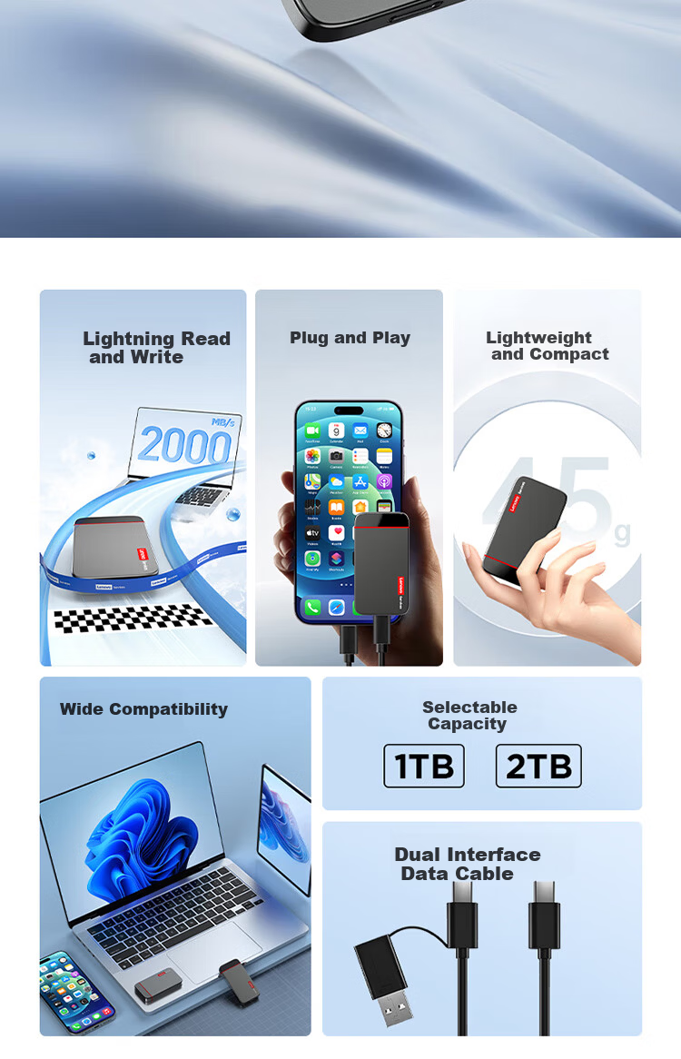 Lenovo 2TB Portable SSD USB 3.2 High-Speed 2000MB/s T2000 Series Compact External Hard Drive Nationwide Warranty 2
