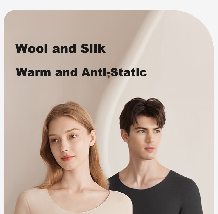 LangSha Men's Thermal Underwear Thin Round Neck Wool Silk Reversible Double-Sided Fleece Autumn Shirt and Pants Set 1