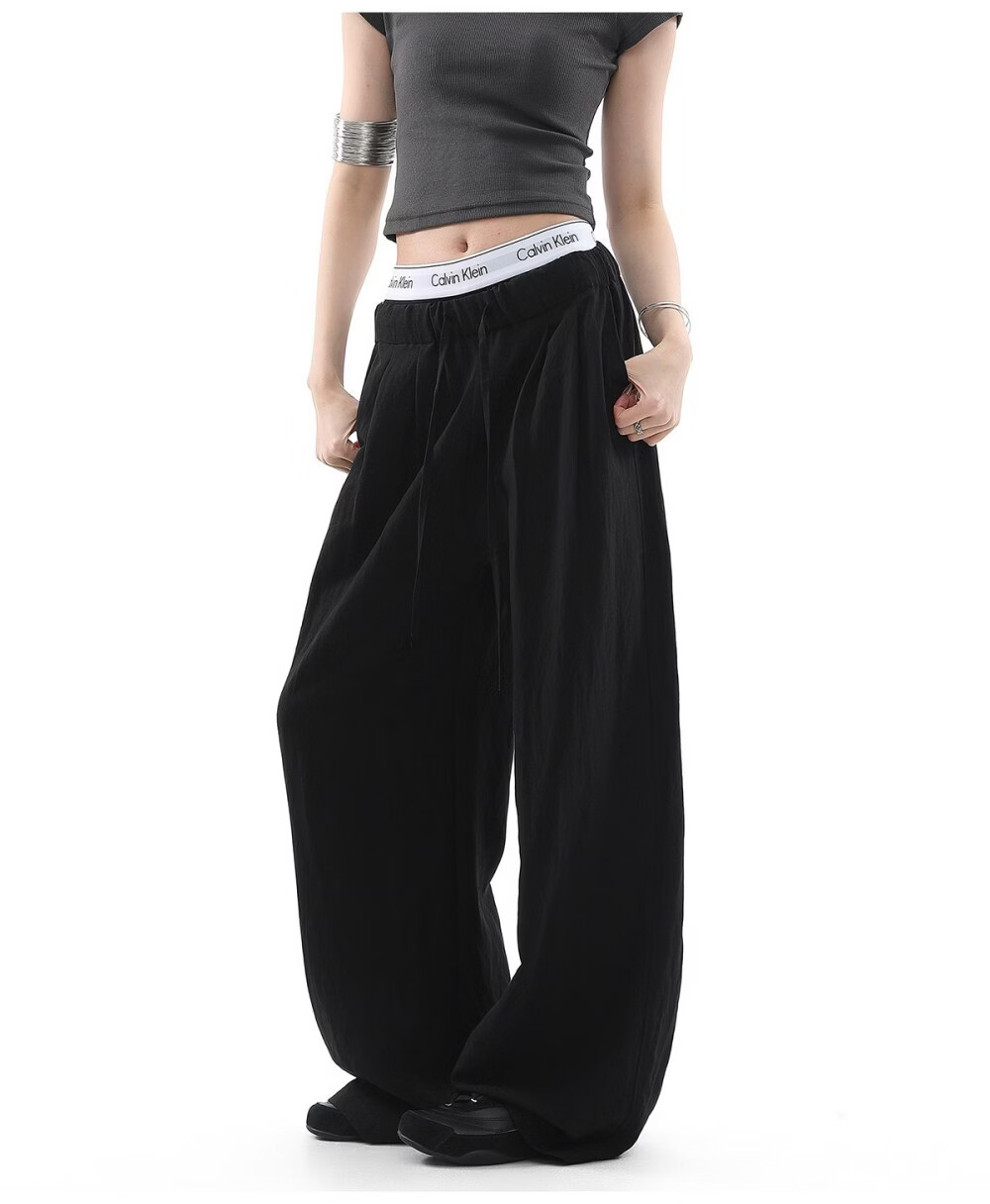 ICH MODE Women's Draped Linen Casual Pants New Loose Straight Wide-Leg Trousers Sports Pants Four Seasons Navy Blue S 16