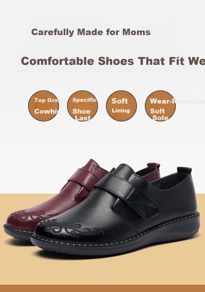 LAORENTOU Women's Comfortable Breathable First Layer Cowhide Round Toe Commuting Mid-Age Mom Shoes 220217N Black Size 37 3