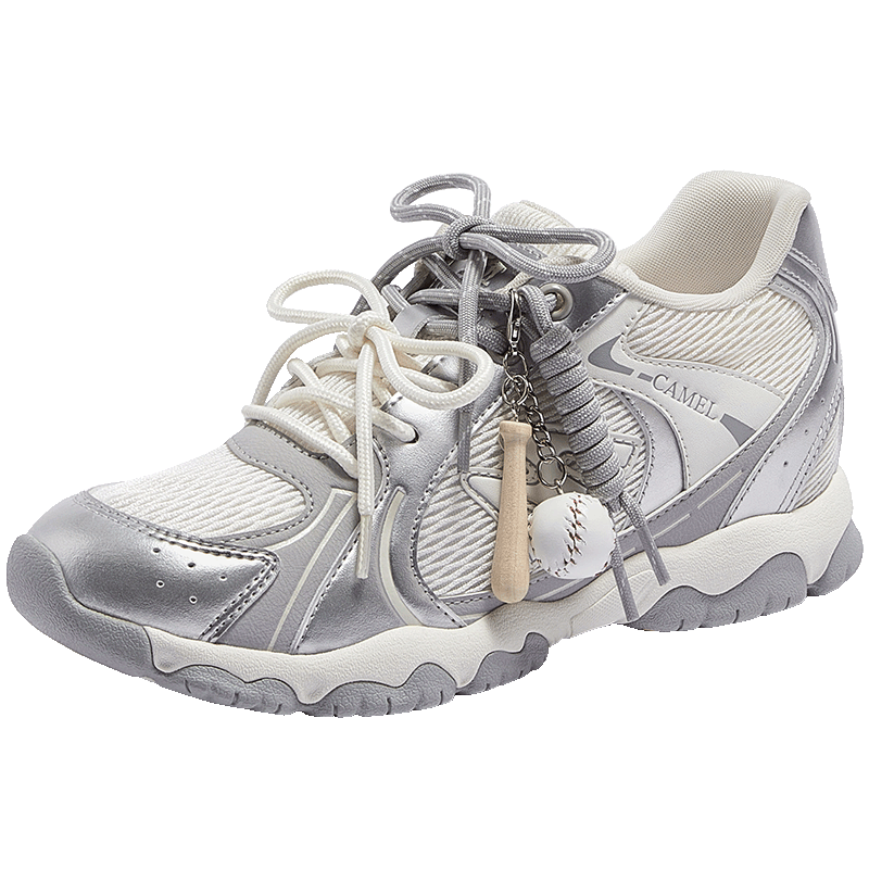 CAMEL Lightweight Cloud Training Shoes for Women Double Shoelace Thick Sole Casual Shoes L26S076027AG Off-White/Silver (Height Increasing) Size 40