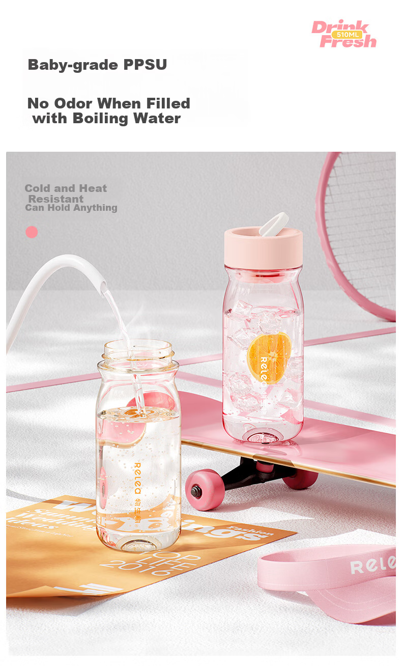 RELEA Sports Water Bottle for Women High-Value 2026 New Tea Infuser Cup High-Temperature Resistant PPSU Plastic Student School Cup 9