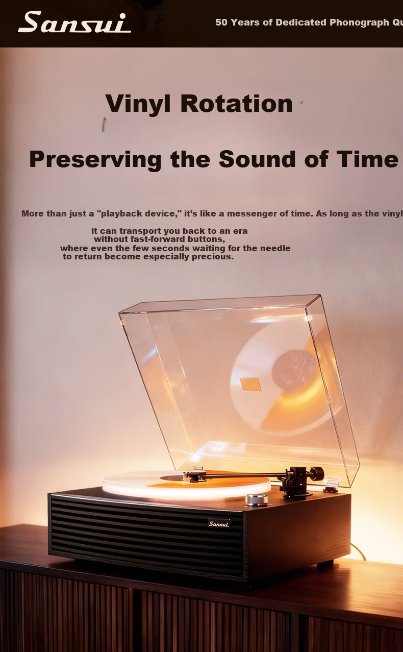SANSUI Vintage Bluetooth Turntable with Ambient Light, Retro Vinyl Record Player, Integrated Phonograph, Luxury Home Audio Speaker, Birthday and Spring Festival Gift V19 7