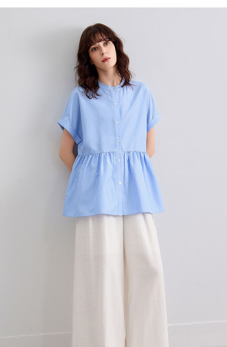 Demana Commuter Aesthetics Summer Refreshing Color-Block Striped Stand Collar Loose Fit Short Sleeve Shirt Women's Top 17