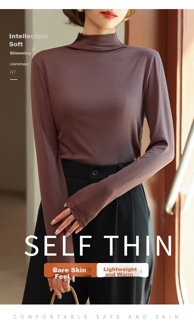 LangSha Modal Base Layer Women's Autumn New Half Turtleneck Top Elastic Slim Fit Long Sleeve T-Shirt 9