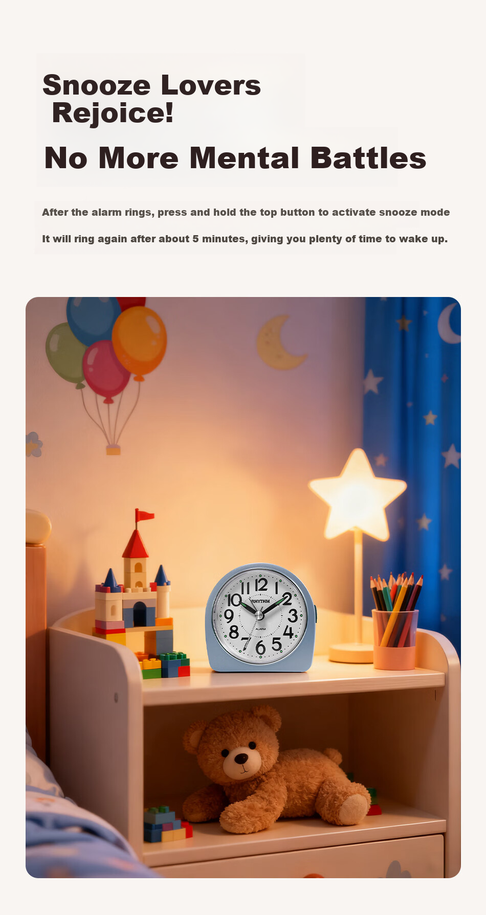 RHYTHM Cute Student Night Light Alarm Clock for High School, Middle School, and Elementary Students, Simple and Practical Wake-Up Device, Loud Alarm for Boys, Back to School Season 7