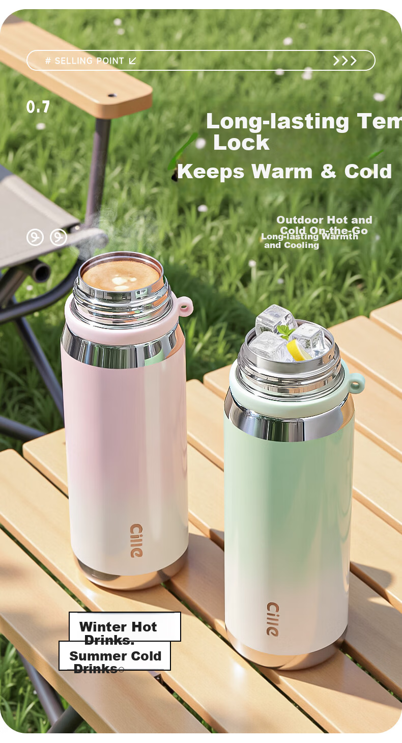 Cille Large Capacity Insulated Mug, 316L Stainless Steel Water Bottle for Men And Women, Outdoor Student Tea Cup, Soft Pink 630ml 8
