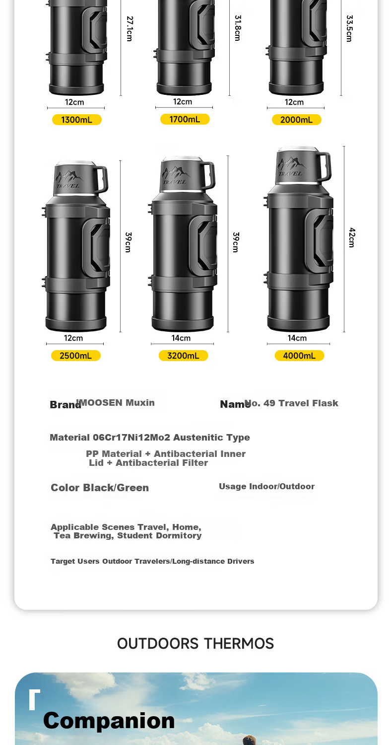 XDO Insulated Thermal Flask Large Capacity Outdoor Car Travel Water Bottle 316 Stainless Steel Lid Portable Home Use 16