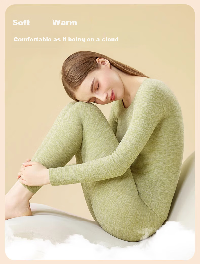 BOPRUIEY Women's Thermal Underwear Set Cashmere Silk Antibacterial Heating Round Neck Thin Fleece Base Layer Autumn Top and Bottom Set 10