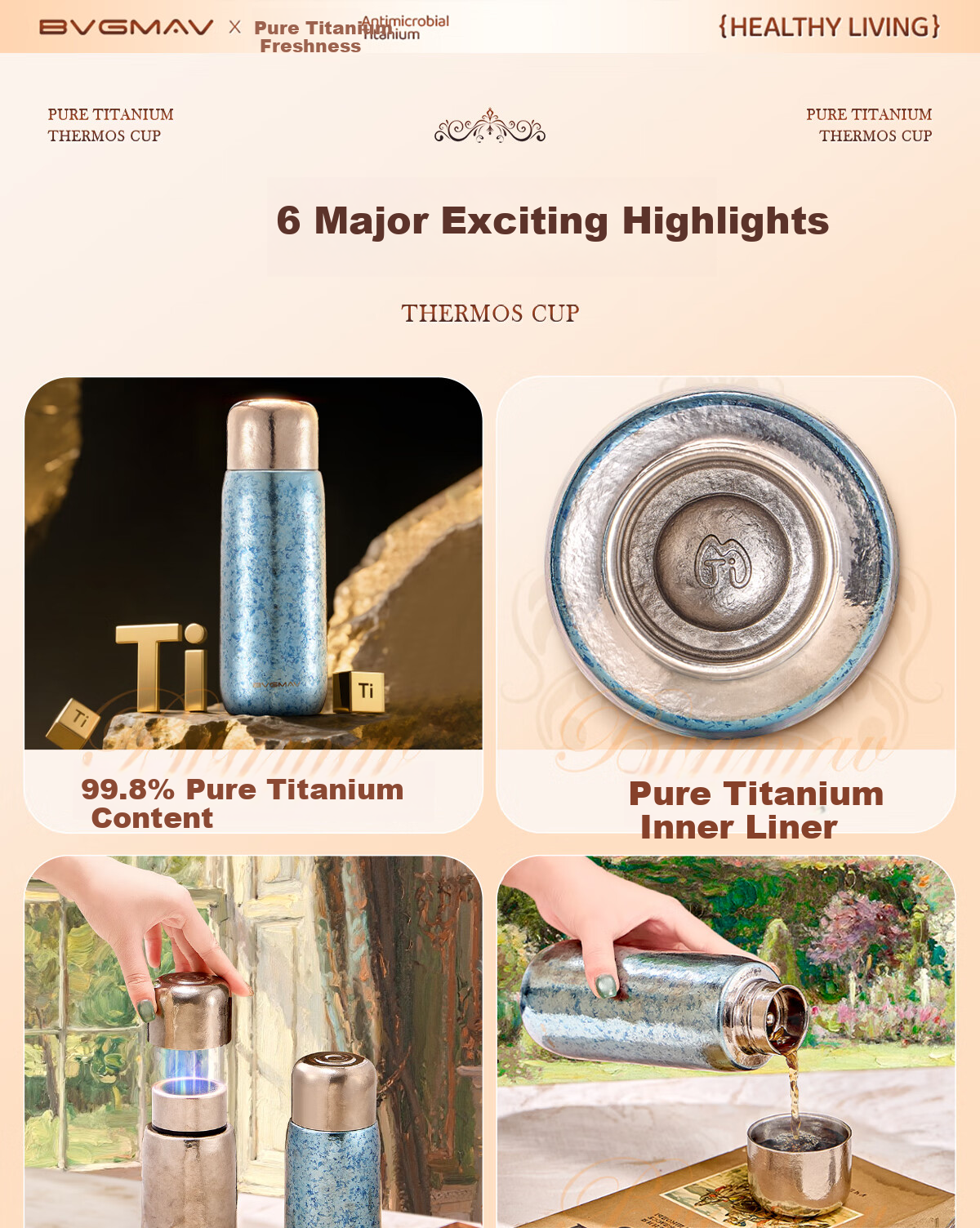 BVGMAV Pure Titanium Insulated Large Capacity Tea Steeping Cup Magnetic Double Lid Titanium Tea Cup Outdoor Antibacterial Titanium Water Bottle 820ml 4