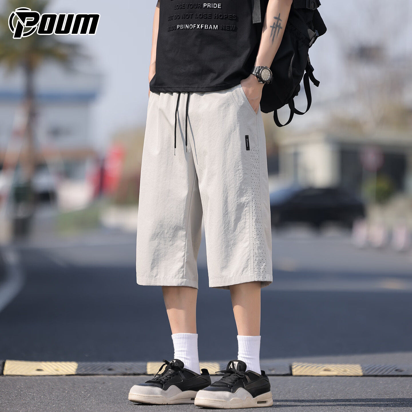 POUM Men's American Style Mesh Ice Silk 3/4 Pants Summer Casual Sports Cooling Quick-Dry Shorts 6651 Light Khaki 2XL