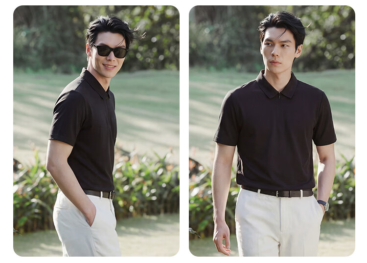 JD Jingzao Mulberry Silk Men's Polo Shirt Short Sleeve High-End T-Shirt Spring Summer Cool Business Casual Elegant Black Zipper M 8